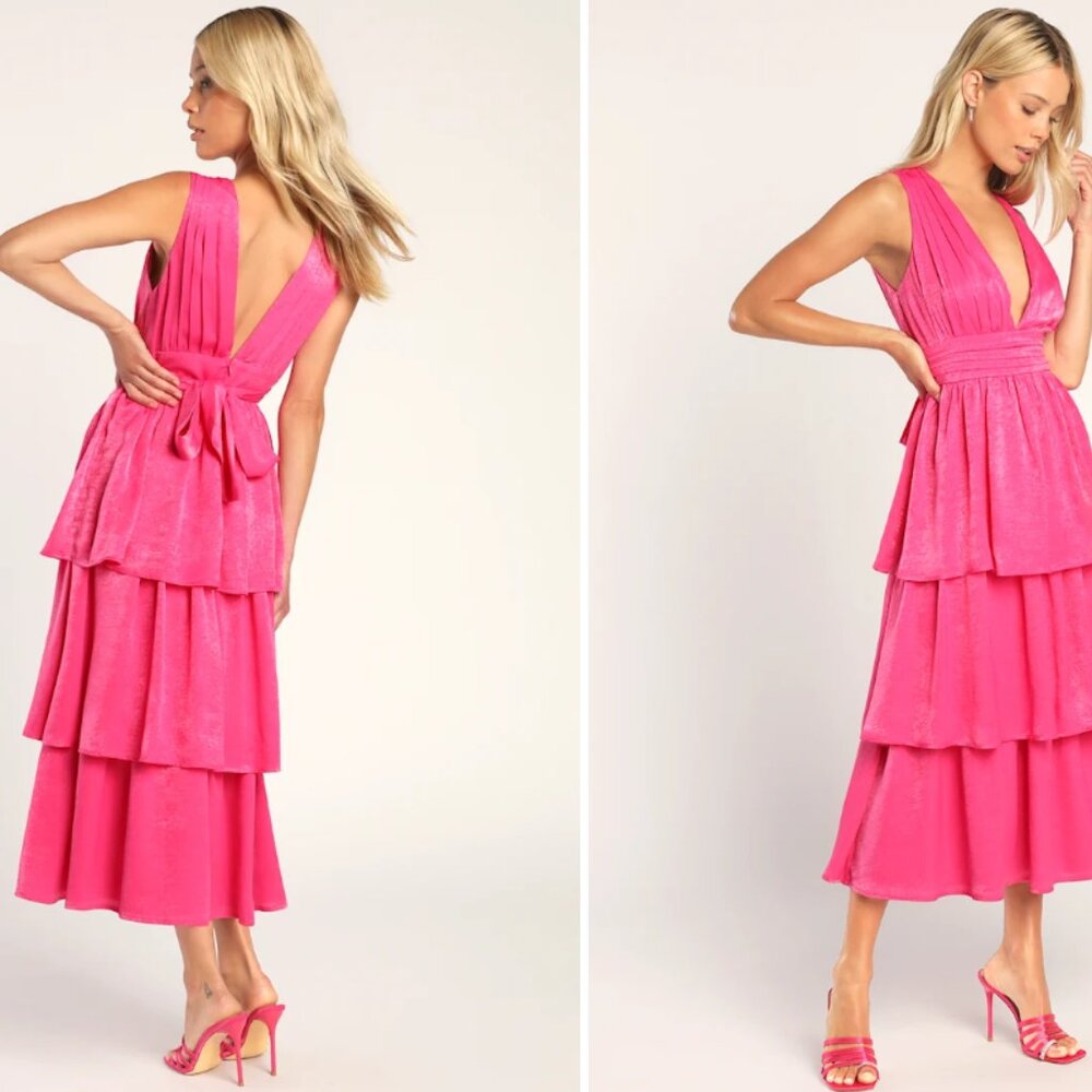 Lulus Peak Party Vibe Hot Pink Satin Tiered Tie-back Midi Dress - Size XL - Picture 2 of 2